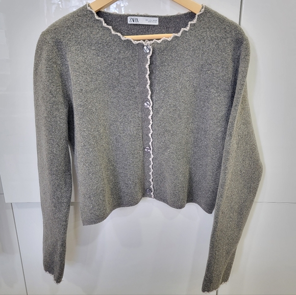 Zara Scalloped Trim Knit Cropped Cardigan Preppy Cozy Neutral Ballet-core Large - Picture 7 of 17